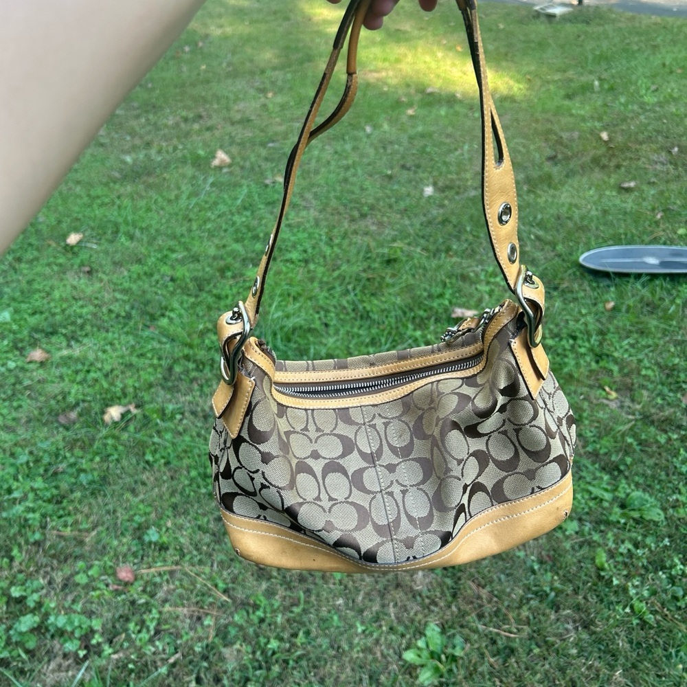 Coach Brown and Tan Patterned Shoulder Bag